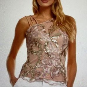 Inner Beauty nude gold embroidered floral triple strap sequin tank top blouse L